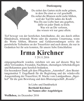 Traueranzeige von Irma Kirchner von Thüringer Allgemeine