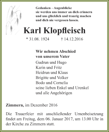 Traueranzeige von Karl Klopfleisch von Thüringer Allgemeine, Thüringische Landeszeitung