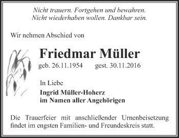 Traueranzeige von Friedmar Müller von Ostthüringer Zeitung
