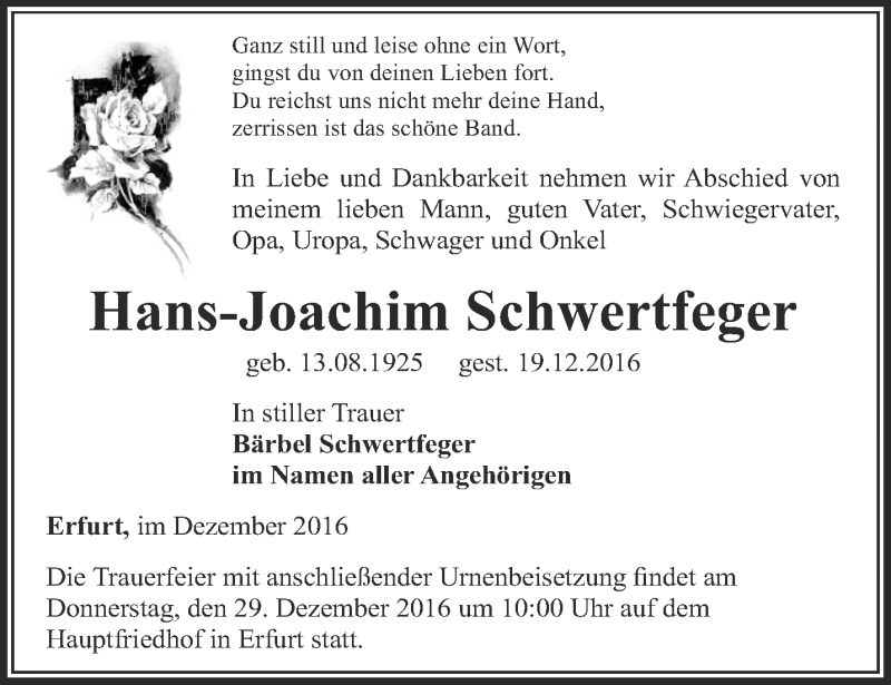 Traueranzeigen von Hans-Joachim Schwertfeger | trauer-in-thueringen.de