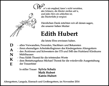 Traueranzeige von Edith Hubert von Thüringer Allgemeine, Thüringische Landeszeitung