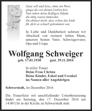 Traueranzeige von Wolfgang Schweiger von Thüringer Allgemeine, Thüringische Landeszeitung