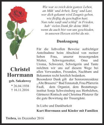 Traueranzeige von Christel Horrmann von Thüringer Allgemeine