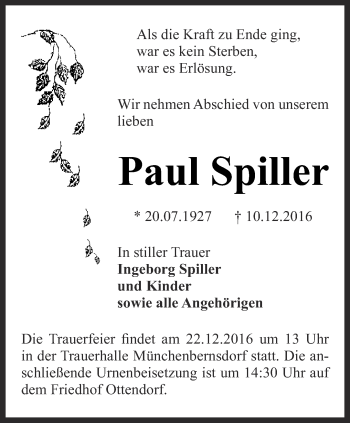 Traueranzeige von Paul Spiller von Ostthüringer Zeitung