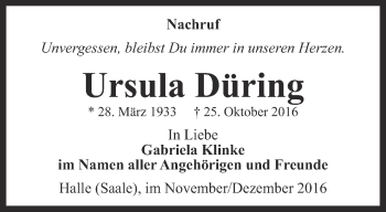 Traueranzeige von Ursula Düring von Ostthüringer Zeitung, Thüringische Landeszeitung