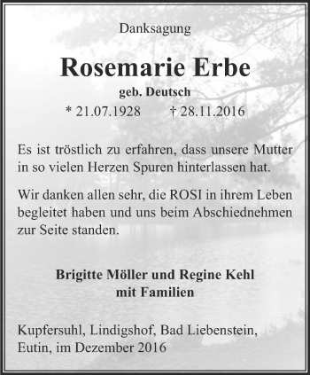 Traueranzeige von Rosemarie Erbe von Thüringer Allgemeine, Thüringische Landeszeitung