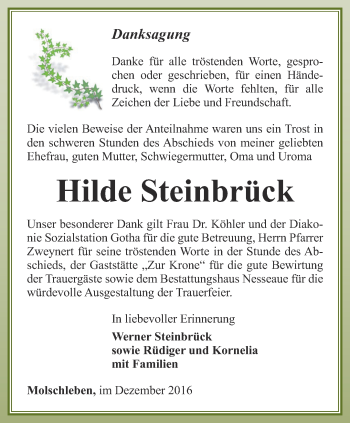 Traueranzeige von Hilde Steinbrück von Ostthüringer Zeitung, Thüringische Landeszeitung