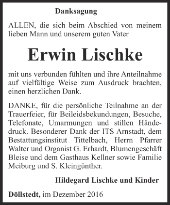 Traueranzeige von Erwin Lischke von Thüringer Allgemeine