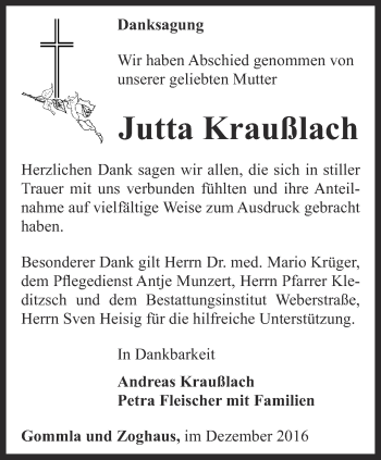 Traueranzeige von Jutta Kraußlach von Ostthüringer Zeitung