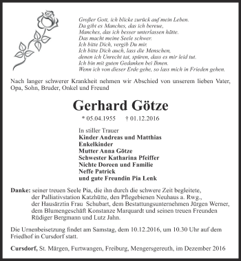 Traueranzeige von Gerhard Götze von Ostthüringer Zeitung