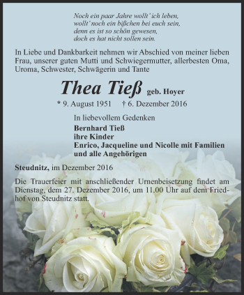 Traueranzeige von Thea Tieß von Ostthüringer Zeitung, Thüringische Landeszeitung