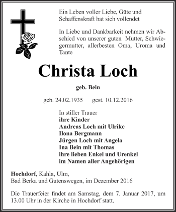 Traueranzeige von Christa Loch von Thüringer Allgemeine, Thüringische Landeszeitung