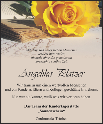 Traueranzeige von Angelika Platzer von Ostthüringer Zeitung