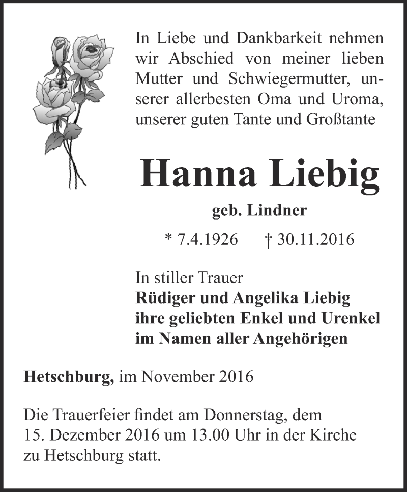 Traueranzeigen Von Hanna Liebig Trauer In Thueringende