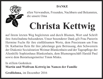 Traueranzeige von Christa Kettwig von Thüringer Allgemeine, Thüringische Landeszeitung