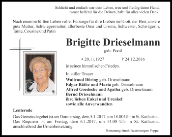 Traueranzeige von Brigitte Drieselmann von Thüringer Allgemeine