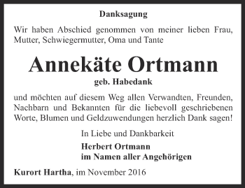 Traueranzeige von Annekäte Ortmann von Ostthüringer Zeitung, Thüringische Landeszeitung