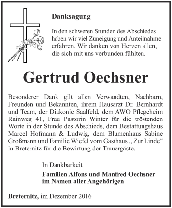 Traueranzeige von Gertrud Oechsner von Ostthüringer Zeitung