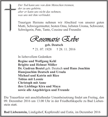 Traueranzeige von Rosemarie Erbe von Thüringer Allgemeine, Thüringische Landeszeitung