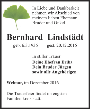 Traueranzeige von Bernhard Lindstädt von Thüringer Allgemeine, Thüringische Landeszeitung