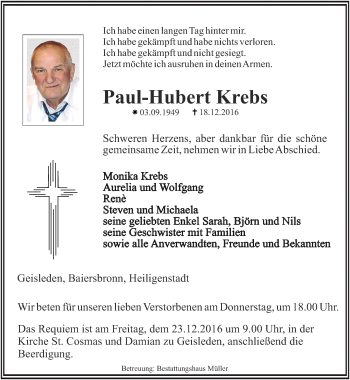 Traueranzeige von Paul-Hubert Krebs von Thüringer Allgemeine