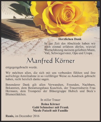 Traueranzeige von Manfred Körner von Ostthüringer Zeitung