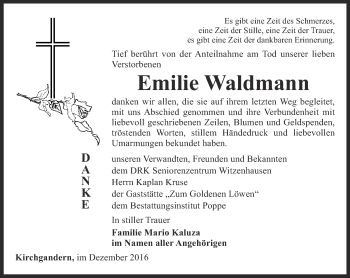 Traueranzeige von Emilie Waldmann von Thüringer Allgemeine