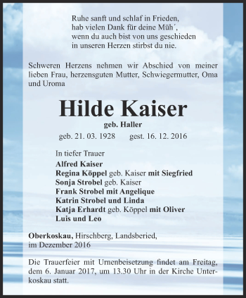 Traueranzeige von Hilde Kaiser von Ostthüringer Zeitung