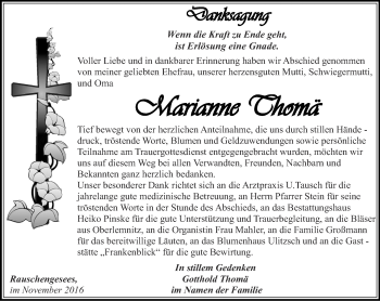 Traueranzeige von Marianne Thomä von Ostthüringer Zeitung