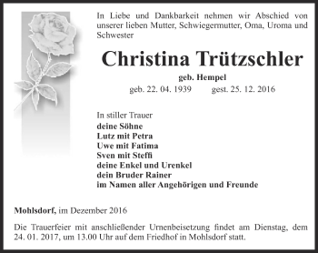 Traueranzeige von Christina Trützschler von Ostthüringer Zeitung