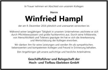 Traueranzeige von Winfried Hampl von Thüringer Allgemeine