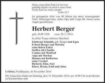 Traueranzeige von Herbert Berger von Thüringer Allgemeine, Thüringische Landeszeitung