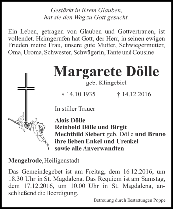 Traueranzeige von Margarete Dölle von Thüringer Allgemeine