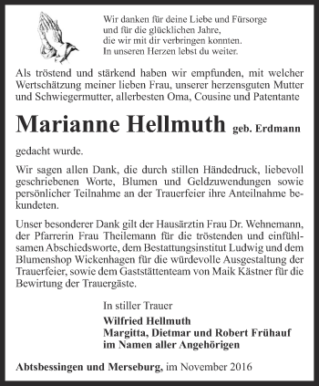 Traueranzeige von Marianne Hellmuth von Thüringer Allgemeine