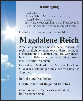 Traueranzeige von Magdalene Reich von Ostthüringer Zeitung