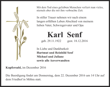 Traueranzeige von Karl Senf von Thüringer Allgemeine, Thüringische Landeszeitung