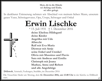 Traueranzeige von Erwin Lischke von Thüringer Allgemeine