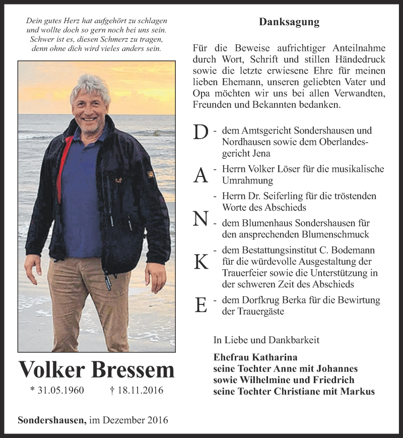  Traueranzeige für Volker Bressem vom 17.12.2016 aus Thüringer Allgemeine
