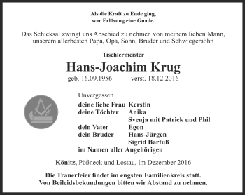 Traueranzeige von Hans-Joachim Krug von Ostthüringer Zeitung