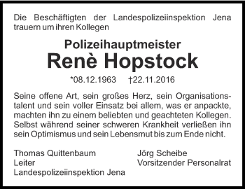 Traueranzeige von René Hopstock von Thüringer Allgemeine, Thüringische Landeszeitung