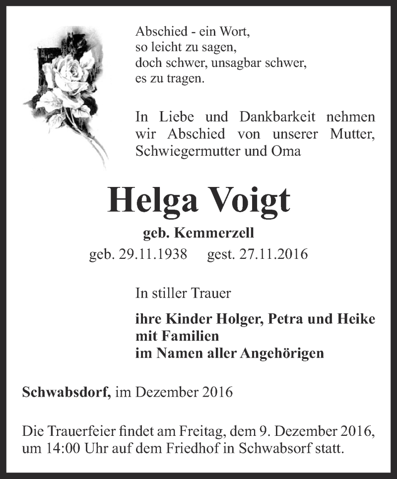  Traueranzeige für Helga Voigt vom 03.12.2016 aus Thüringer Allgemeine, Thüringische Landeszeitung