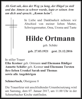 Traueranzeige von Hilde Ortmann von Ostthüringer Zeitung, Thüringische Landeszeitung