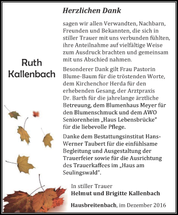 Traueranzeige von Ruth Kallenbach von Thüringer Allgemeine, Thüringische Landeszeitung