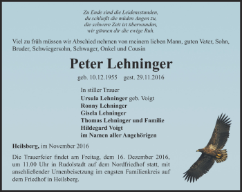 Traueranzeige von Peter Lehninger von Ostthüringer Zeitung