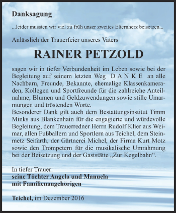 Traueranzeige von Rainer Petzold von Ostthüringer Zeitung