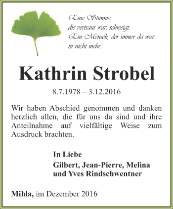 Traueranzeige von Kathrin Strobel von Thüringer Allgemeine, Thüringische Landeszeitung