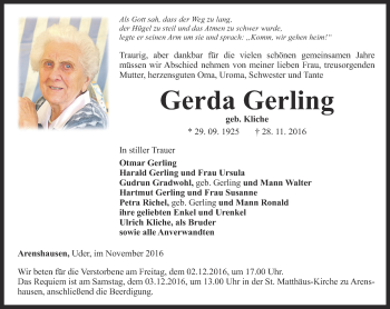 Traueranzeige von Gerda Gerling von Thüringer Allgemeine