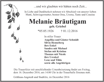 Traueranzeige von Melanie Bräutigam von Thüringer Allgemeine