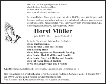 Traueranzeige von Horst Müller von Thüringer Allgemeine, Thüringische Landeszeitung