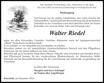 Traueranzeige von Walter Riedel von Thüringer Allgemeine, Thüringische Landeszeitung